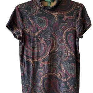 Ralph‎ Lauren Women's Multi Paisley High Neck Shirt Sleeves Pullover Size M